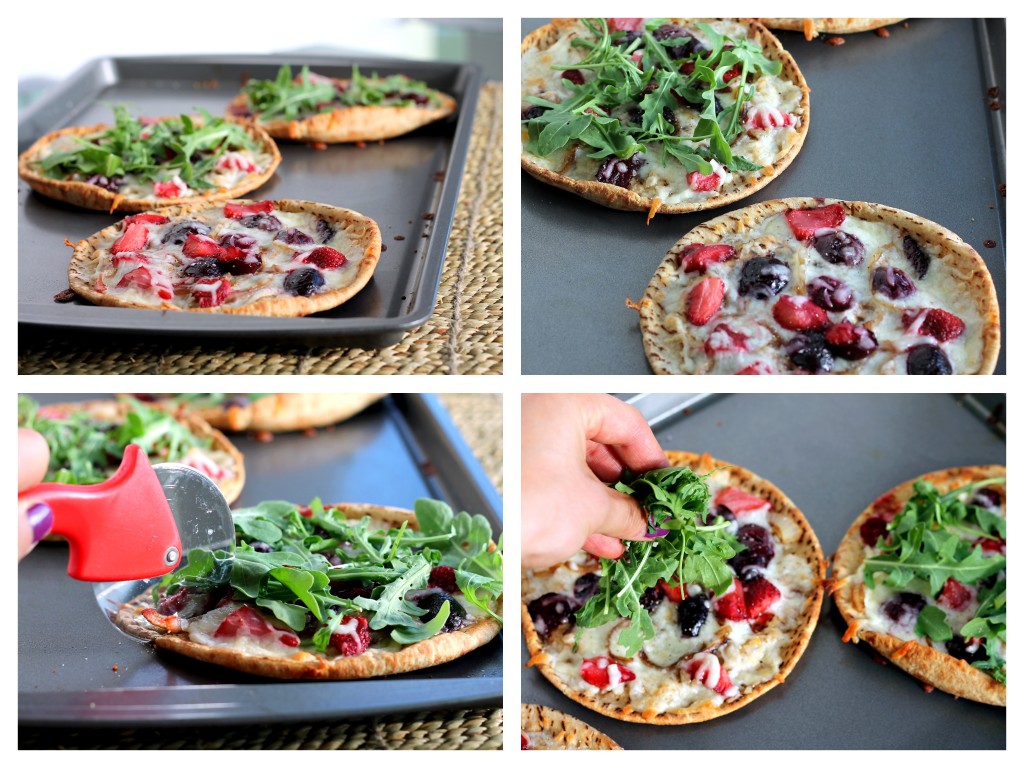 Roasted Balsamic Strawberry Cherry Pita Pizzas with arugula