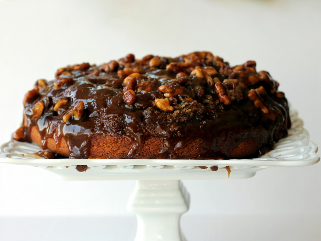 Caramel-Walnut Upside-Down Peanut Butter Banana Cake via ambitiouskitchen.com