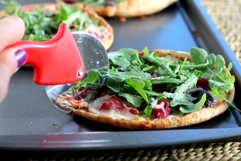 Roasted Balsamic Strawberry Cherry Pita Pizzas with Arugula