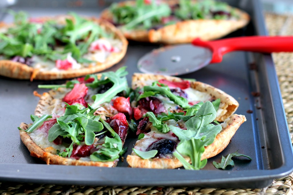 Roasted Balsamic Strawberry Cherry Pita Pizzas with Arugula via ambitiouskitchen.com