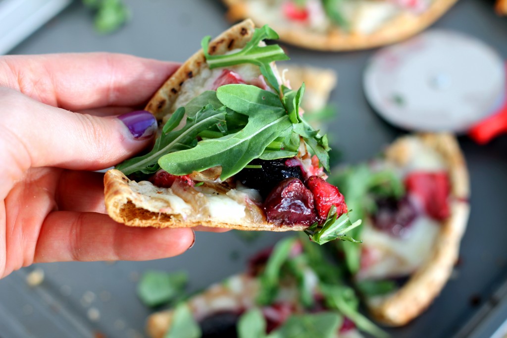 Roasted Balsamic Strawberry Cherry Pita Pizzas with Arugula