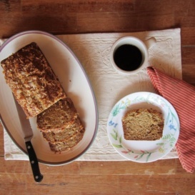 banana bread with coffee on a table