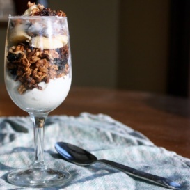 yogurt and naturally sweetened maple granola in a glass