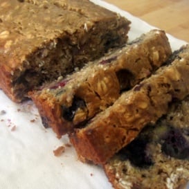 Fluffy, delicious low fat oatmeal blueberry banana bread made with simple ingredients and a boost of protein from greek yogurt. You're going to love this blueberry banana bread for a healthy breakfast or snack any day of the week.