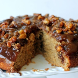 Gooey caramel walnut upside-down peanut butter banana cake