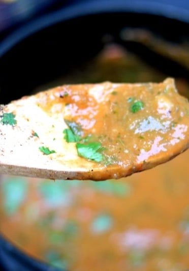 Homemade roasted green chile sauce on a spoon