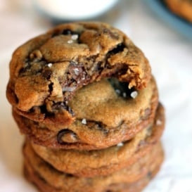 Brown butter chocolate chip cookies in a stack