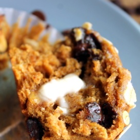 Pumpkin oatmeal chocolate chip muffin with butter