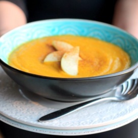 butternut squash and apple soup in a bowl