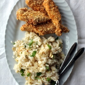 crusted chicken and rice with almonds and cilantro