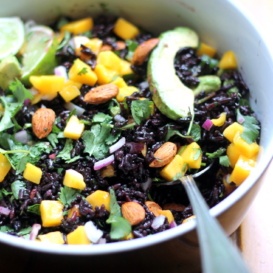 black rice salad in bowl with mango and avocado