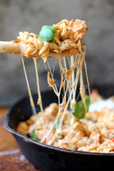 spoonful of pasta with chicken and cheese