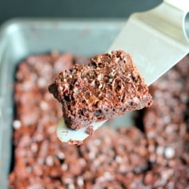 peanut butter chocolate chip brownie on spatula