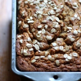 Healthy applesauce banana bread in a loaf pan