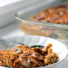 Healthy baked pumpkin pie oatmeal in a bowl