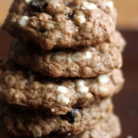 Macadamia nut oatmeal cookies in a stack