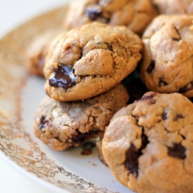 Flourless peanut butter chocolate chunk cookies on a plate