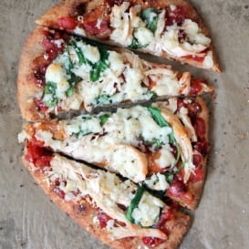 otisserie Chicken Naan Pizza with Spinach, Queso Fresco, & Fire-Roasted Tomato-Mango Chutney Sauce