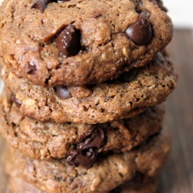 Chewy Toasted Pecan Butter Oatmeal Chocolate Chip Cookies in a stack
