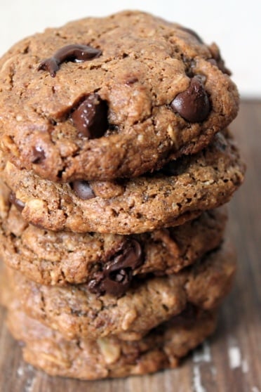 Chewy Toasted Pecan Butter Oatmeal Chocolate Chip Cookies in a stack