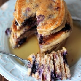 Blueberry Vanilla Buttermilk Greek Yogurt Pancakes in a stack