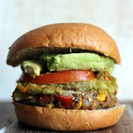 Black bean burger with avocado and tomato