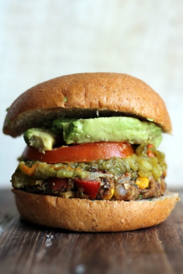 Black bean burger with avocado and tomato
