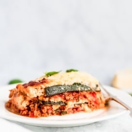 slice of low carb zucchini lasagna on a plate