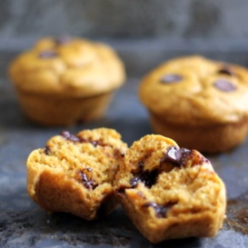 Delicious Whole Wheat Pumpkin Chocolate Chip Muffins - made with greek yogurt, no butter and sweetened naturally with honey!