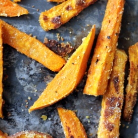 Baked sweet potato fries on a baking tray