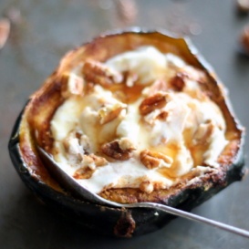 The warm cinnamon sweet acorn squash paired with creamy cool greek yogurt, a drizzle of honey and some crunchy pecans is simply sensational. Best breakfast I've had in quite sometime!