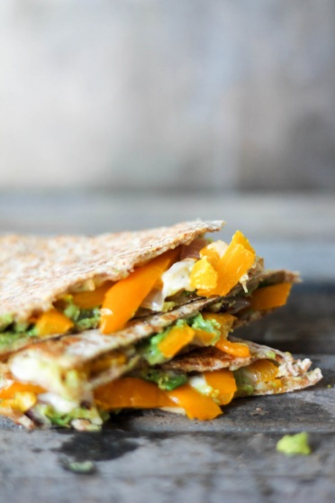 Avocado, roasted bell pepper, and pepper jack quesadillas