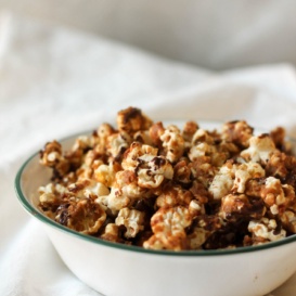 Peanut butter caramel corn in a bowl