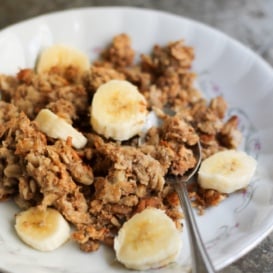 Peanut butter banana baked oatmeal in a bowl