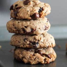 Chocolate chip oatmeal breakfast cookies in a stack