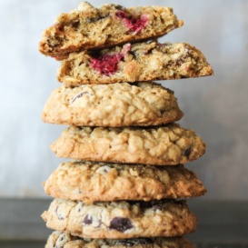 Raspberry coconut oatmeal cookies in a stack