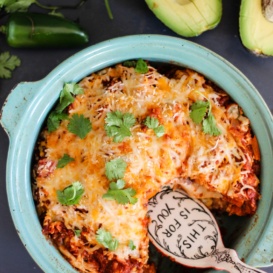 Vegetarian tortilla pie in a blue dish