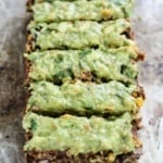 meatless black bean loaf topped with avocado sauce