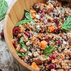 sweet potato quinoa salad with cherries, goat cheese, basil, and walnuts