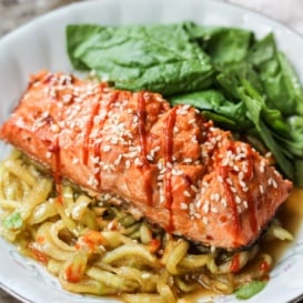 sriracha salmon with cucumber noodle salad