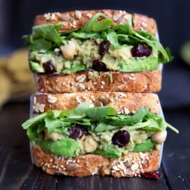 stack of chickpea avocado salad sandwich