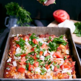 Skinny Refried Bean & Chicken Enchiladas with Homemade Enchilada Sauce