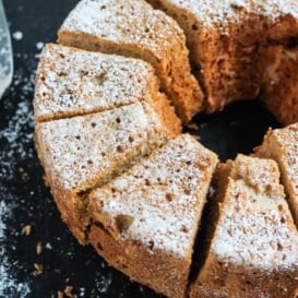 pumpkin angel food cake cut into slices