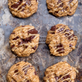 whole wheat chocolate chip oatmeal cookies with date caramel glaze