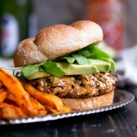 veggie wild rice burger with sweet potato fries