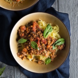 lentil sloppy joes over spaghetti squash in a bowl