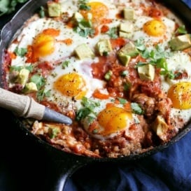 egg skillet bake with polenta and avocado