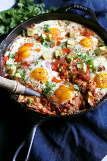 egg skillet bake with polenta and avocado