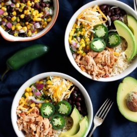Chicken Burrito Bowls with avocado and jalapeño