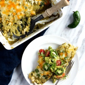 Salsa Verde Chicken Enchiladas on a plate and in a square pan